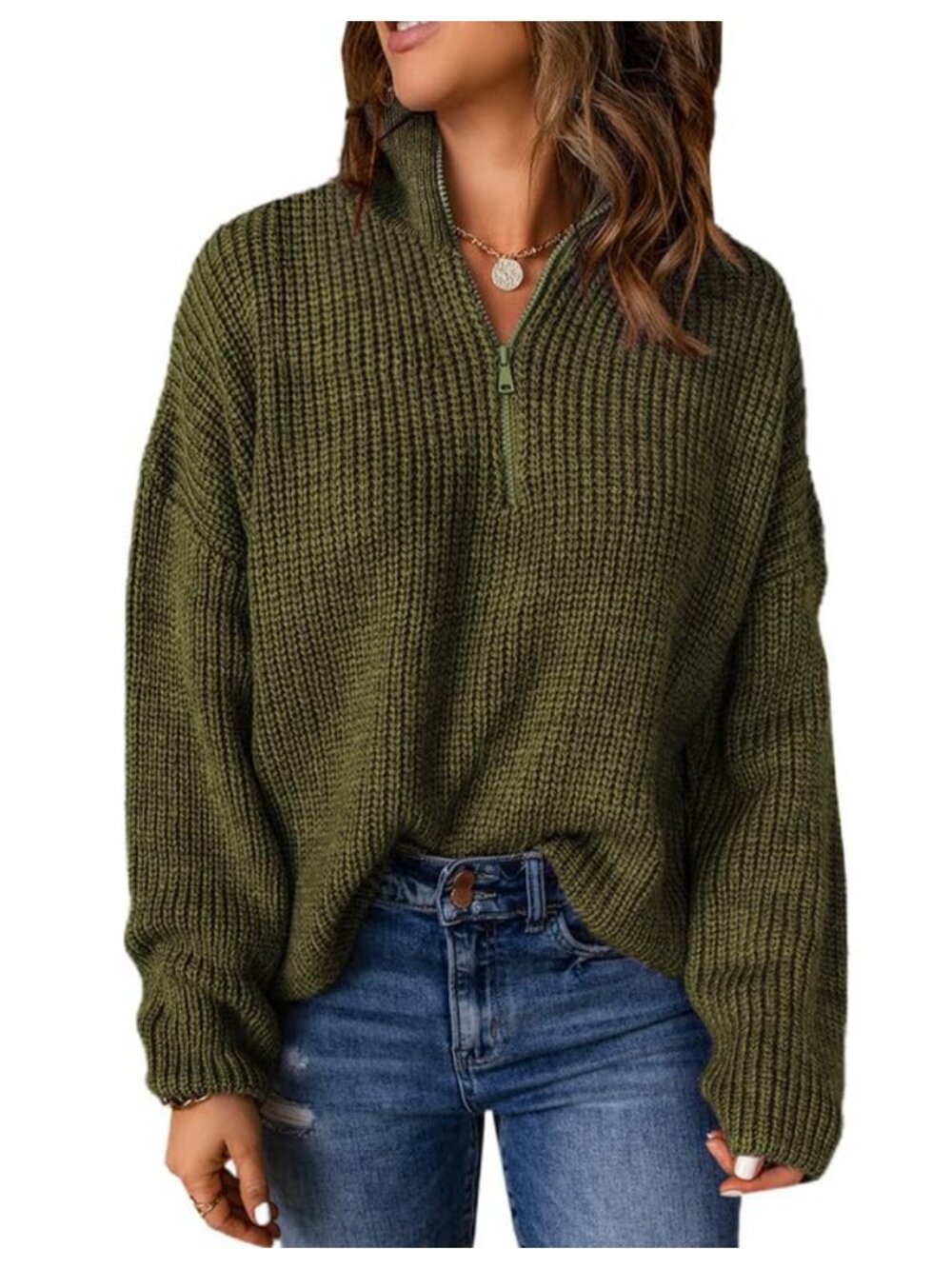 Waffle Knit Quarter Zip Sweater Long Sleeve V-Neck Pullover